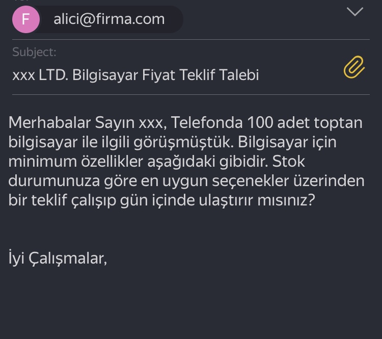 Fiyat teklifi alma örnekleri